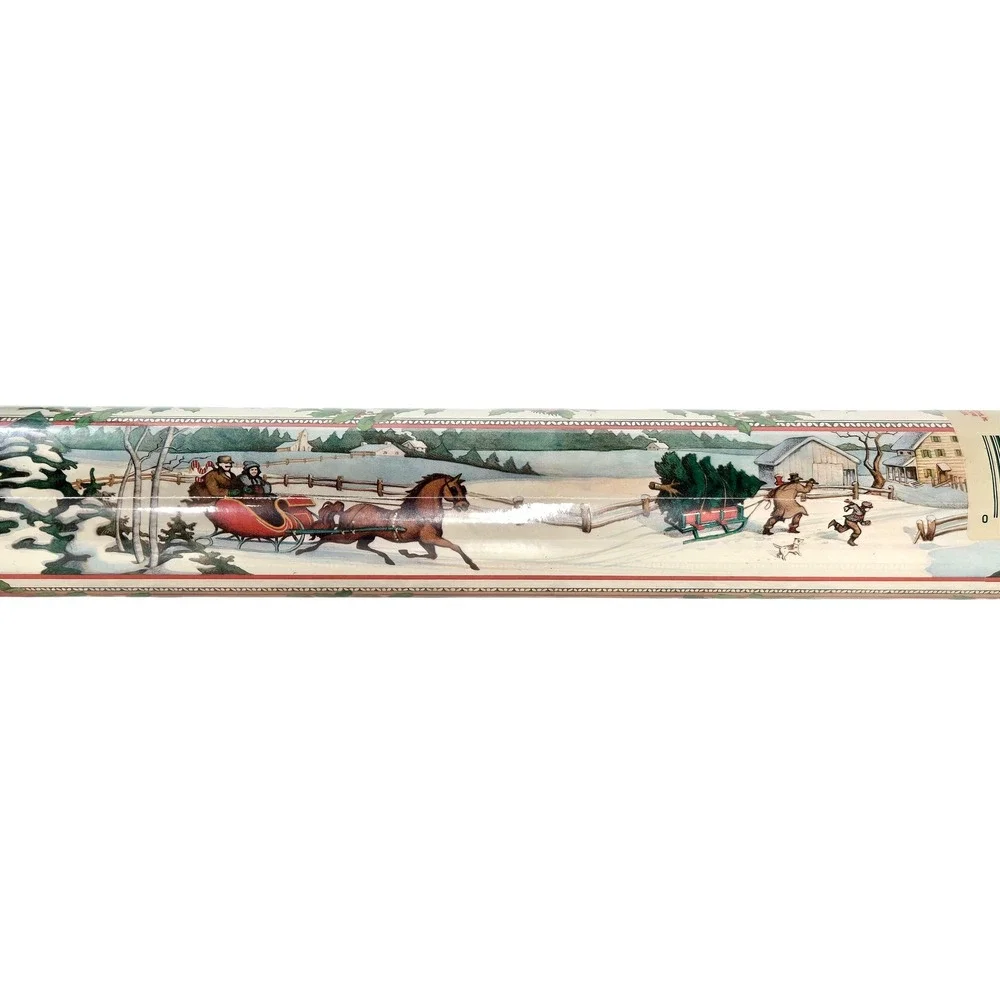 Vintage Hallmark 37.5 Sq Ft‎ Christmas Gift Wrap Winter Sleigh Scene Cottagecore